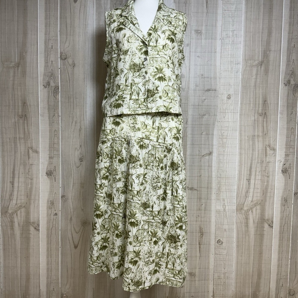 Y2K Rachel Zoe Linen 2 Piece Set Green Toile Safari Resort Wear‎ Top M Skirt S